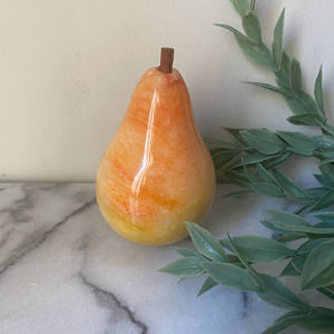 Vintage Alabaster Marble Pear Paperweight MCM Wood Stem Stone Fruit